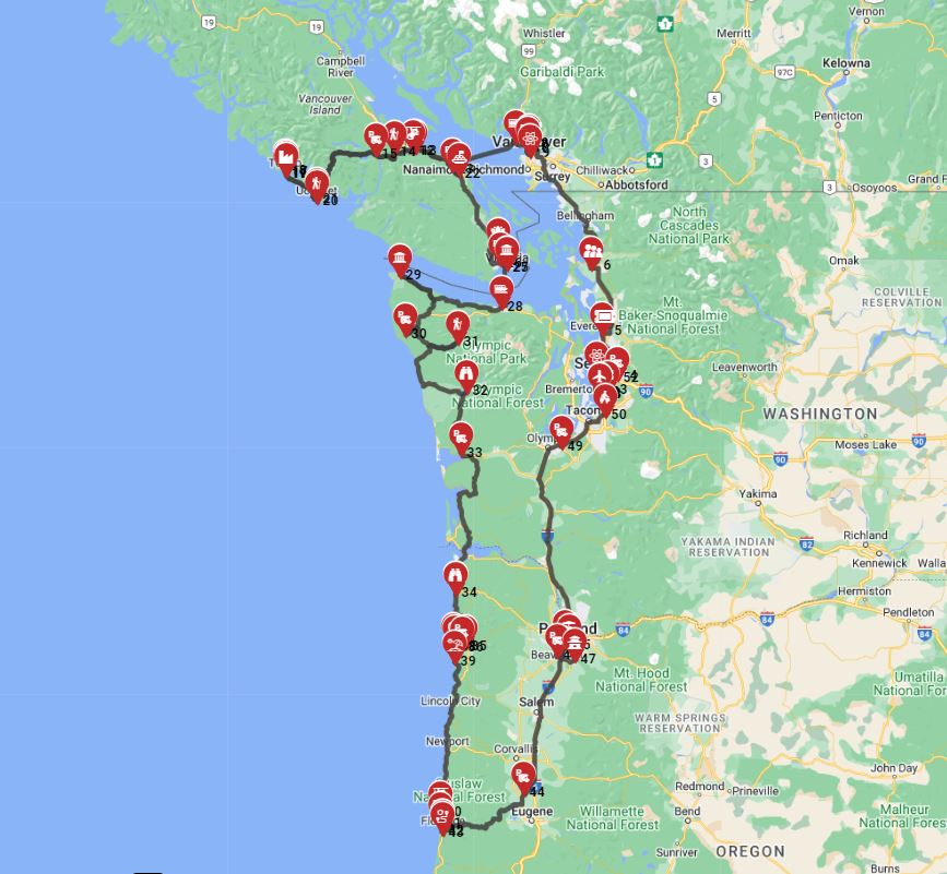 A Motorhome trip route from Seattle